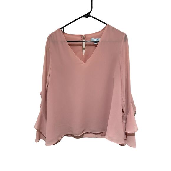 She + Sky Silk Blend Bell Sleeved Light Pink Blouse Size Medium - Picture 1 of 6